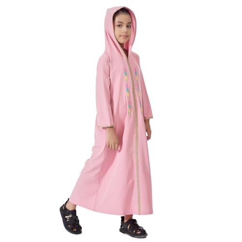 Kids Girls Abaya Muslim Long Sleeve Hooded Lace Embroidered Prayer Dress Arabic Kaftan Dubai Islamic Dresses - color: Pink Hoodies, size: 5-6 Years