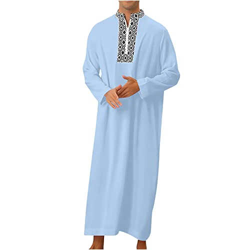 Ctreela Mens Zip V Neck Kaftan Thobe Button Down Casual Henley Shirts Long Sleeve Robe Ramadan Muslim Gown Thawb Shirts - color: Light Blue, size: XX-Large