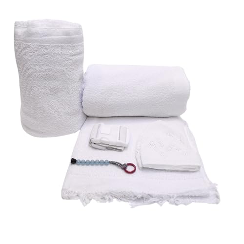 Islamic Men's Ihram Set for Hajj Umrah 100% Cotton umrah Towel with Belt Kufi and Tawaf Beads for Muslim Men 43X86 inch (110 x 220 cm)