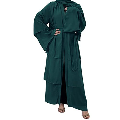 Abayas for Women Muslim Dubai Dress Solid Loose Fit Long Cardigan Islamic Kaftan Robe Open Front Maxi Length - color: #A: Dark Green, size: Large