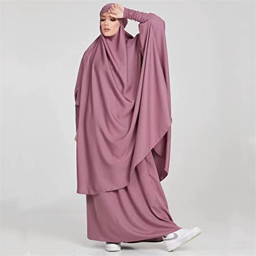 Women Muslim 2 Set Solid Color Plus Long Sleeve Thobe One-size Longuette Overall Abaya Thobe with Hoodied Hijab - color: Purple