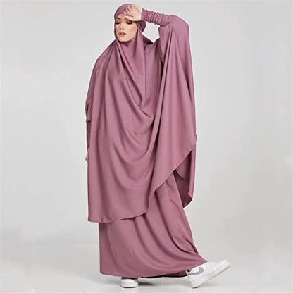 Women Muslim 2 Set Solid Color Plus Long Sleeve Thobe One-size Longuette Overall Abaya Thobe with Hoodied Hijab - color: Purple
