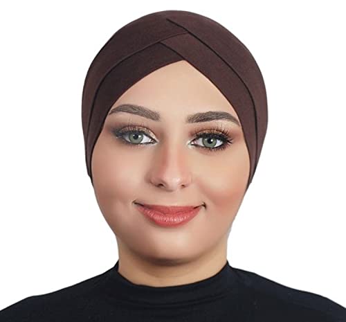 Solid Color Full Cover Inner Hijab Caps Muslim Forehead Cross Turban Stretch Hijab for Women Head Scarf Under Hijab - color: Brown
