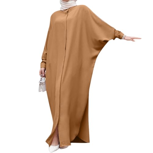 IDOPIP Muslim Dresses for Women Long Sleeve Islamic Ramadan Abaya Dubai Kaftan Robe Loose Casual Modest Arabic Prayer Clothes - color: Brown