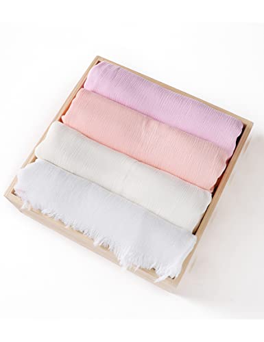 Txameru Hijab Scarf for Women - Muslim Rayon Crinkle With Fringe Edge - color: White
