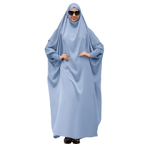 IDOPIP Muslim Abaya for Women One Piece Long Sleeve Islamic Prayer Dress with Hooded Hijab Maxi Kaftan Robe Modest Clothes - color: Blue