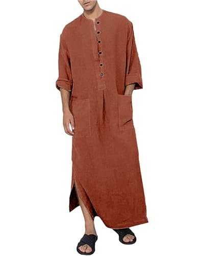 YAOHUOLE Kaftan for Men Long Sleeve Muslim Men Thobe Kaftan Thobe with Pockets - color: Brick Red, size: XX-Large