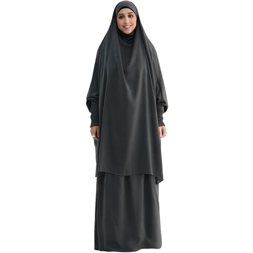 Muslim Women Abaya Two Pieces Set Prayer Dress Elasticated Sleeves Islamic Robe Modest Full Cover Prayer Clothes - color: Dark Gray