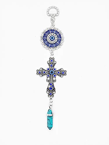 LUCKBOOSTIUM Blue Crystal Inlaid Cross & Mandala Evil Eye, Green Turquoise - color: Green Turquoise