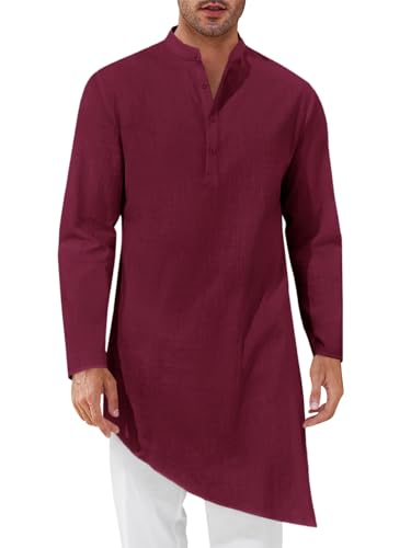 Runcati Mens Kaftan Robe Thobe Cotton Long Sleeve Henley Shirt Casual Muslim Gown Kurta Tops - color: Burgundy, size: XX-Large