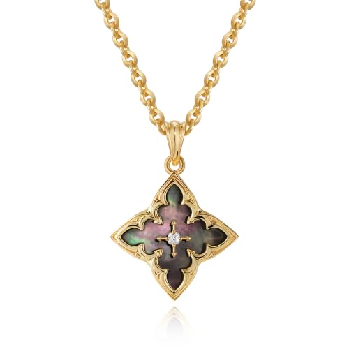 Gold Necklace for Women Charm Clover Pendant Gold Statement Necklaces - color: Black-MOP