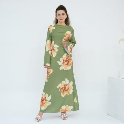 FYMNSI Womens Muslim Dresses Bell Sleeve Floral Butterfly Abaya Modest Dubai Kaftan Islamic Dress Eid Ramadan Prayer Clothes - color: Green, size: Medium