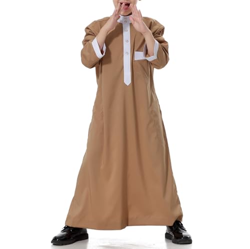 Arabic Thobe for Muslim Boys Eid Outfit Long Sleeve Kaftan Kids Prayer Dress Boys Muslim Thobe Ramadan Islamic Clothing - color: Brown, size: 7-8 Years