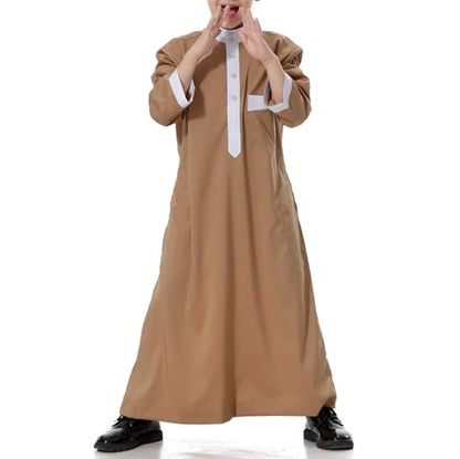 Arabic Thobe for Muslim Boys Eid Outfit Long Sleeve Kaftan Kids Prayer Dress Boys Muslim Thobe Ramadan Islamic Clothing - color: Brown, size: 3-4T