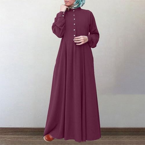 Dress for Women Muslim Long Sleeve Button Down Dress Shirt Prayer Casual Clothes Summer Fashion Outfits - color: Red, size: Small