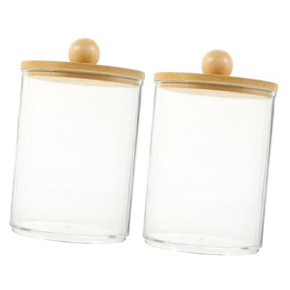 Luxshiny 2pcs Acrylic Makeup Storage Tank Bamboo Lid Tip Holder for Cotton Swabs Toothpicks