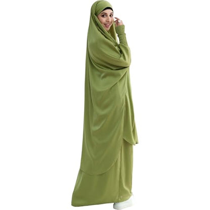 Muslim Women Abaya Two Pieces Set Prayer Dress Elasticated Sleeves Islamic Robe Modest Full Cover Prayer Clothes - color: Olive Green
