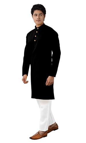Chandrakala Men's Tunic Cotton Kurta Pajama Set Indian Casual Yoga Dress (MK101) - color: Black-112, size: Medium
