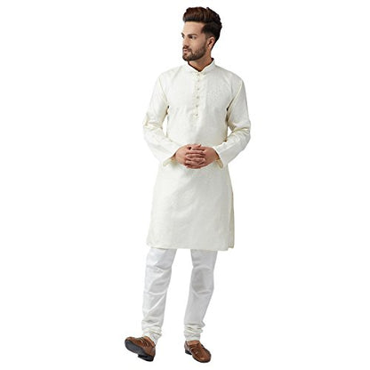 Sojanya (Since 1958 Men'S Teal Silk Blend Kurta Churidar Pyjama Set - color: Cream and Off White, size: X-Large