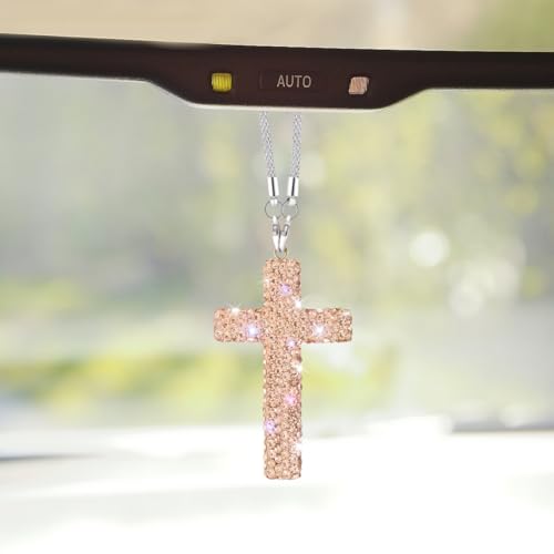ZIMISI Bling Cross Car Hanging Ornament, Crystal Rhinestone Car Rearview Mirror Pendant for Women, Diamond Rear View Mirror Charm Present, Universal Vehicle Interior Decoration Accessory (Champagne) - color: Champagne