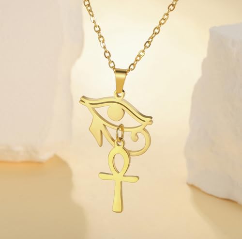 Ankh Cross Y Necklace Key of Life Eye of Horus Pendant Cartouche Long Chain Protection African Coptic Amulet Ancient Egyptian Religious Jewelry Gift for Women Men - color: Ankh Cross Eye of Horus gold 2