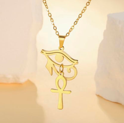 Ankh Cross Y Necklace Key of Life Eye of Horus Pendant Cartouche Long Chain Protection African Coptic Amulet Ancient Egyptian Religious Jewelry Gift for Women Men - color: Ankh Cross Eye of Horus gold 2
