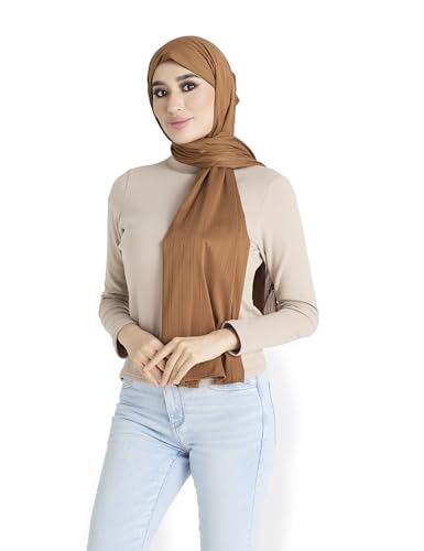 Ribbed Jersey Hijab Scarf for Women, Hijab for Women Muslim Breathable Stretchy Hajib - color: Almond Brown