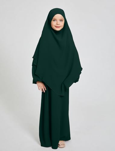 ODIZLI Kids Girls Ramadan Abaya Muslim Long Sleeve Hijab Chiffon Dress Dubai Kaftan with Pockets - color: Dark Green, size: 9-10 Years