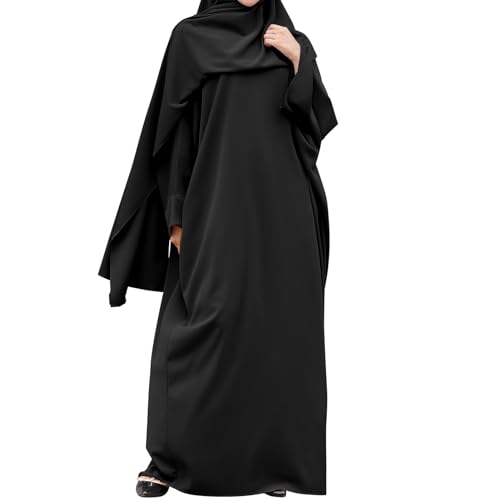 IDOPIP Abayas for Women Muslim Dress with Hijab, One-Piece Long Sleeve Islamic Prayer Dress with Khimar Jilbab Kaftan Clothes - color: Black (1pc Dress Only)