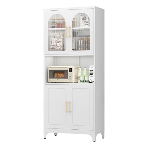 SteeLoong Metal Kitchen Pantry Storage Cabinet，75" Tall Storage Cabinets with 4 Doors and Adjustable Shelves ，White Hutch Cabinet with Microwave Stand,Large Kitchen Cupboard for Dining Room