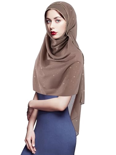 Geyoga Hijab Scarf for Women Soft Chiffon Rhinestone Long Scarf Shawl Fashion Muslim Hijab Head Wrap Scarves - color: Khaki