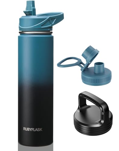RUBYFLASK 24 oz Insulated Stainless Steel Water Bottle with Straw | 3 Lids, Wide Mouth, Metal Vacuum Leakproof Water Jug Flask and Handle, Large Thermal Cup, Indigoblack - color: Indigo Black, size: 24 Ounces