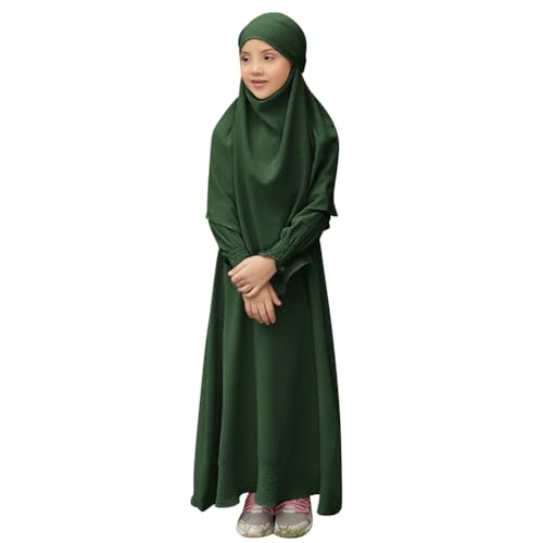 IDOPIP Muslim Dress for Girls Islamic Prayer Abaya Smocked Long Sleeve Kaftan Robe Dresses with Hijab Ramadan Dubai Outfits - color: Dark Green, size: 9-10 Years