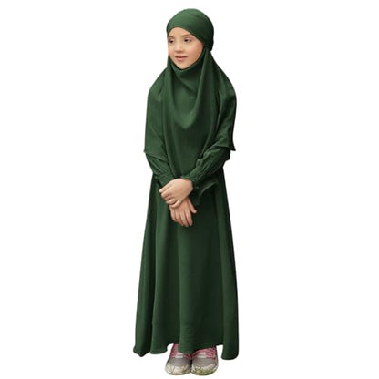 IDOPIP Muslim Dress for Girls Islamic Prayer Abaya Smocked Long Sleeve Kaftan Robe Dresses with Hijab Ramadan Dubai Outfits - color: Dark Green, size: 9-10 Years