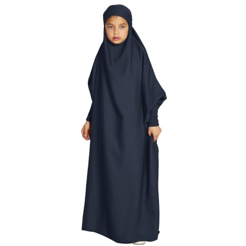 IDOPIP Muslim Dress for Girls One Piece Long Sleeve Islamic Prayer Dress with Hijab Casual Maxi Kaftan Abaya Gown Clothes - color: Navy Blue, size: 6-7 Years