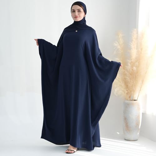 Women Muslim Abaya Dress 1Piece Bat Sleeve Islamic Maxi Robe Fashion Jilbab for Women Eid Kaftan Muslim Robe - color: Navya, size: Large