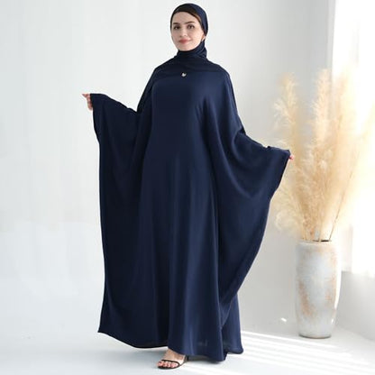 Women Muslim Abaya Dress 1Piece Bat Sleeve Islamic Maxi Robe Fashion Jilbab for Women Eid Kaftan Muslim Robe - color: Navya, size: Large