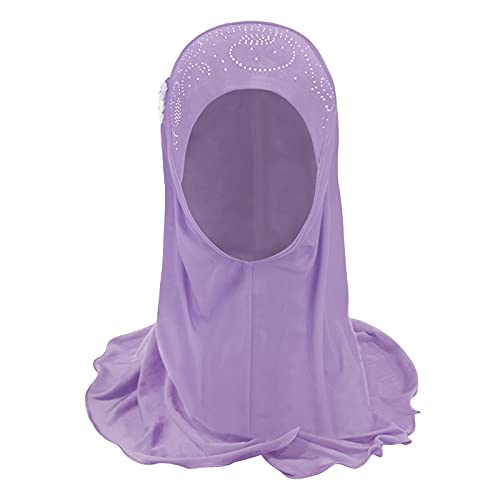 Girls Ice Silk Muslim Khimar Hijab Headscarf Flower Arab Scarf Shawls Neck Wrap Islamic Head Wrap for Age 2-7 Years - color: Style 3-purple