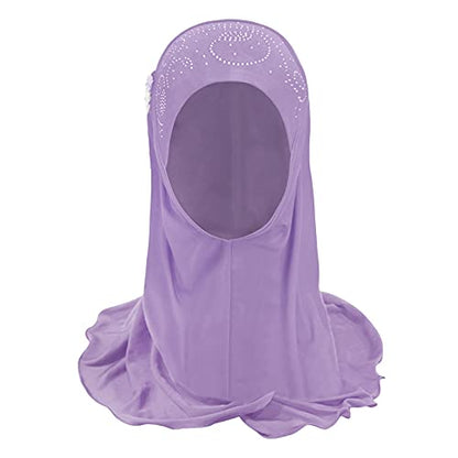 Girls Ice Silk Muslim Khimar Hijab Headscarf Flower Arab Scarf Shawls Neck Wrap Islamic Head Wrap for Age 2-7 Years - color: Style 3-purple