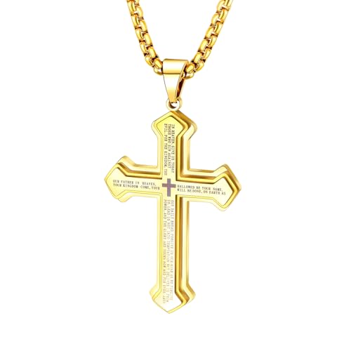 Cross Pendant for Car Rear View Mirror Hanging Charm Car Decor Mirror Accessories Ornament Auto Interior Jesus Cross Necklace with Lord's Prayer Men Christian Gift - color: Gold