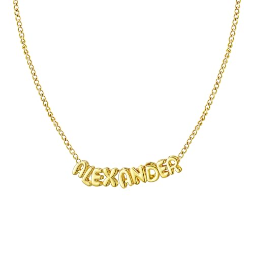 Ldurian Personalized Bubble Name Necklace, Tiny Name Plate Pendant Necklace, 14K Gold Plated Charm Cute Pre-made Jewelry for Women - size: 16 Alexander