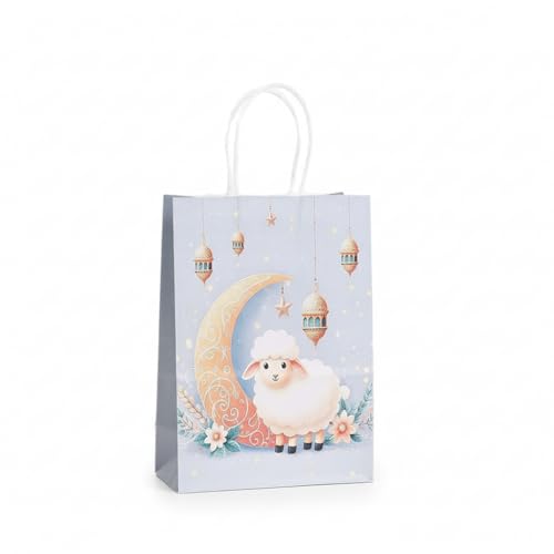 Eid Mubarak Gift Bags 12 Pack – Ramadan Party Favor Bags with Handles, Kraft Paper Candy Treat Bags, Islamic Moon Star Design for Eid Party Supplies