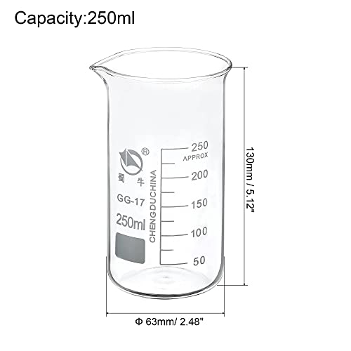 PATIKIL 250ml Tall Form Glass Beaker, 2 Pack 3.3 Borosilicate Glass Graduated Printed Scale Measuring Cups with Spout for Kitchen Lab Liquids Transit Boiling - size: 250ml