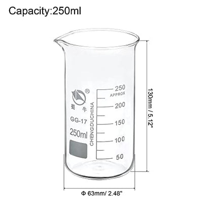 PATIKIL 250ml Tall Form Glass Beaker, 2 Pack 3.3 Borosilicate Glass Graduated Printed Scale Measuring Cups with Spout for Kitchen Lab Liquids Transit Boiling - size: 250ml