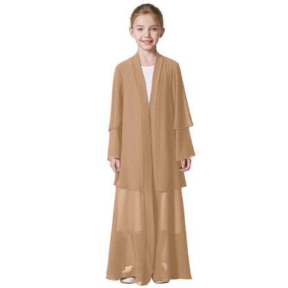Kids Abaya Dress for Girls Muslim Dress with Hijab Chiffon Layered Open Front Cardigan Ramadan Eid Kaftans Dubai Outfit - color: Khaki, size: 4-5 Years