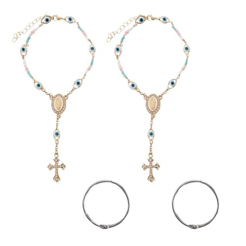 Evil Eye Rearview Mirror Auto Rosary Beads, Cross Hanging Ornaments, Car Rear View Mirror Charm, Car Medal and Cross Hanging Accessories for Mirrors Interior Decorations (2PCS) - size: 7.91 x 1.98 inch (2 PCS)