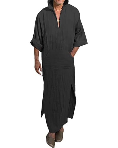 YAOHUOLE Men's Long Sleeve Kaftan Side Split Long Gown Thobe Hooded Men Caftan - color: Black, size: X-Large