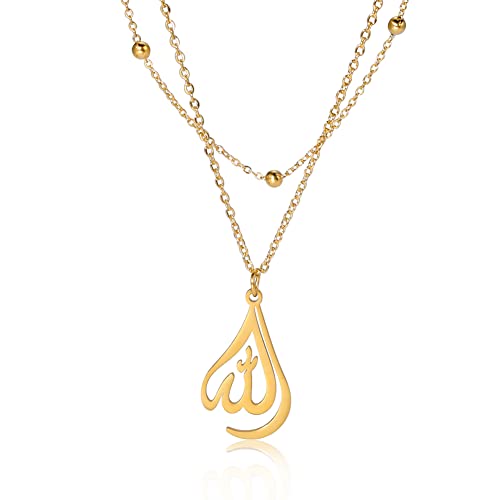 kkjoy Islamic Muslim Allah Layered Necklaces for Women Stainless Steel Water Drop Heart Shape Allah Necklace Lucky Islamic Jewelry