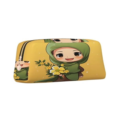 Cartoon Muslim Girl print Pencil Bag waterproof Zipper Pencil Case Leather Pen Box Cosmetic Bag For Office Pencil - color: Gold