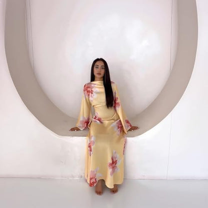 FYMNSI Womens Muslim Dresses Bell Sleeve Floral Butterfly Abaya Modest Dubai Kaftan Islamic Dress Eid Ramadan Prayer Clothes - color: Yellow, size: Medium